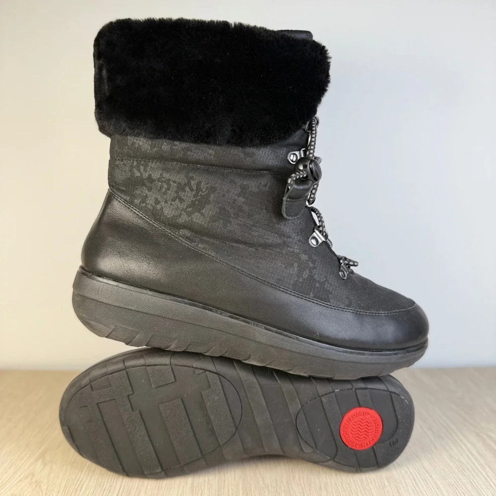 FitFlop Mukluk Shorty Black Camo Faux‎ Fur Lined Winter Boots Womens 10